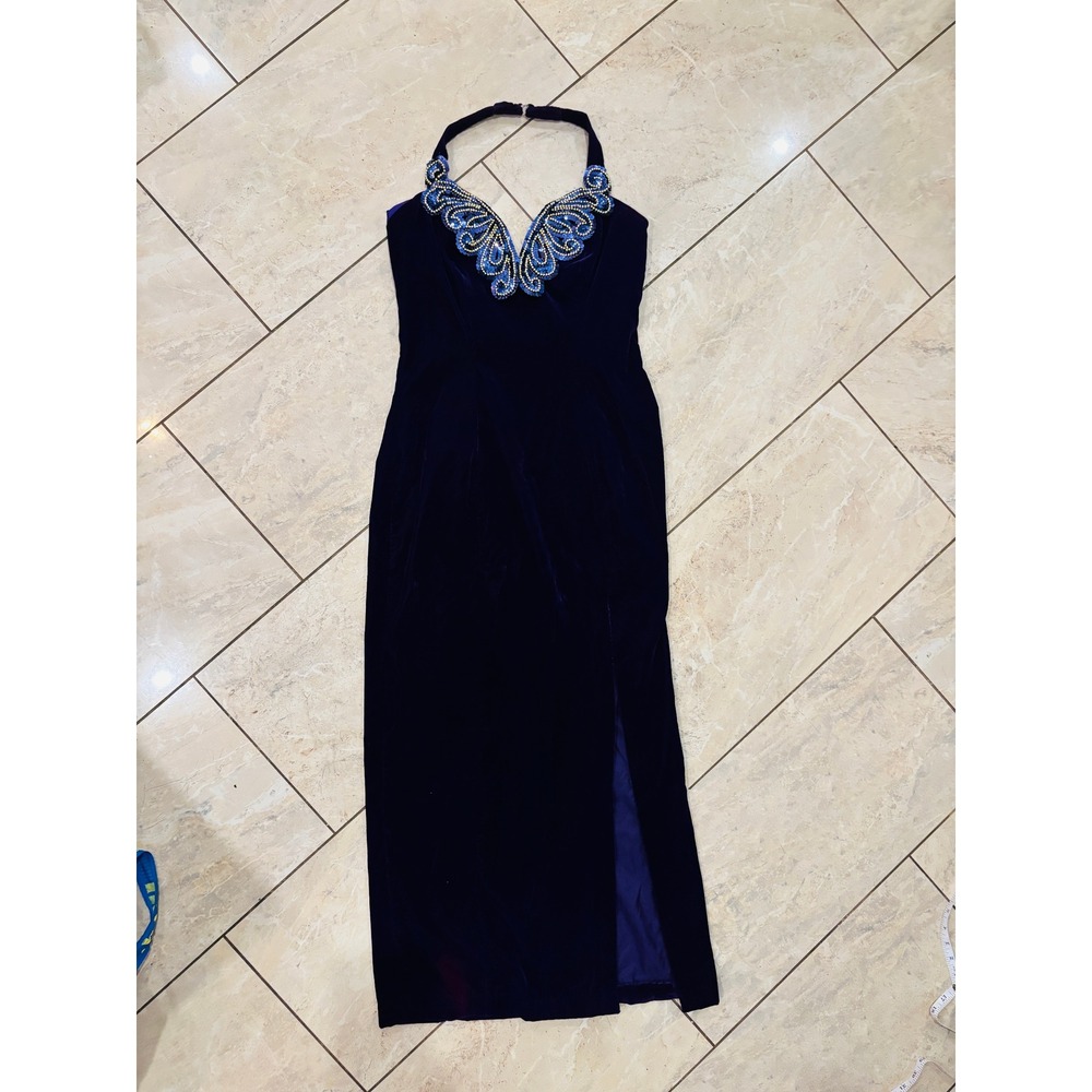 Vintage 90s Zum Zum Niki Livas Purple Velvet Halter Sequin Beaded Maxi Gown